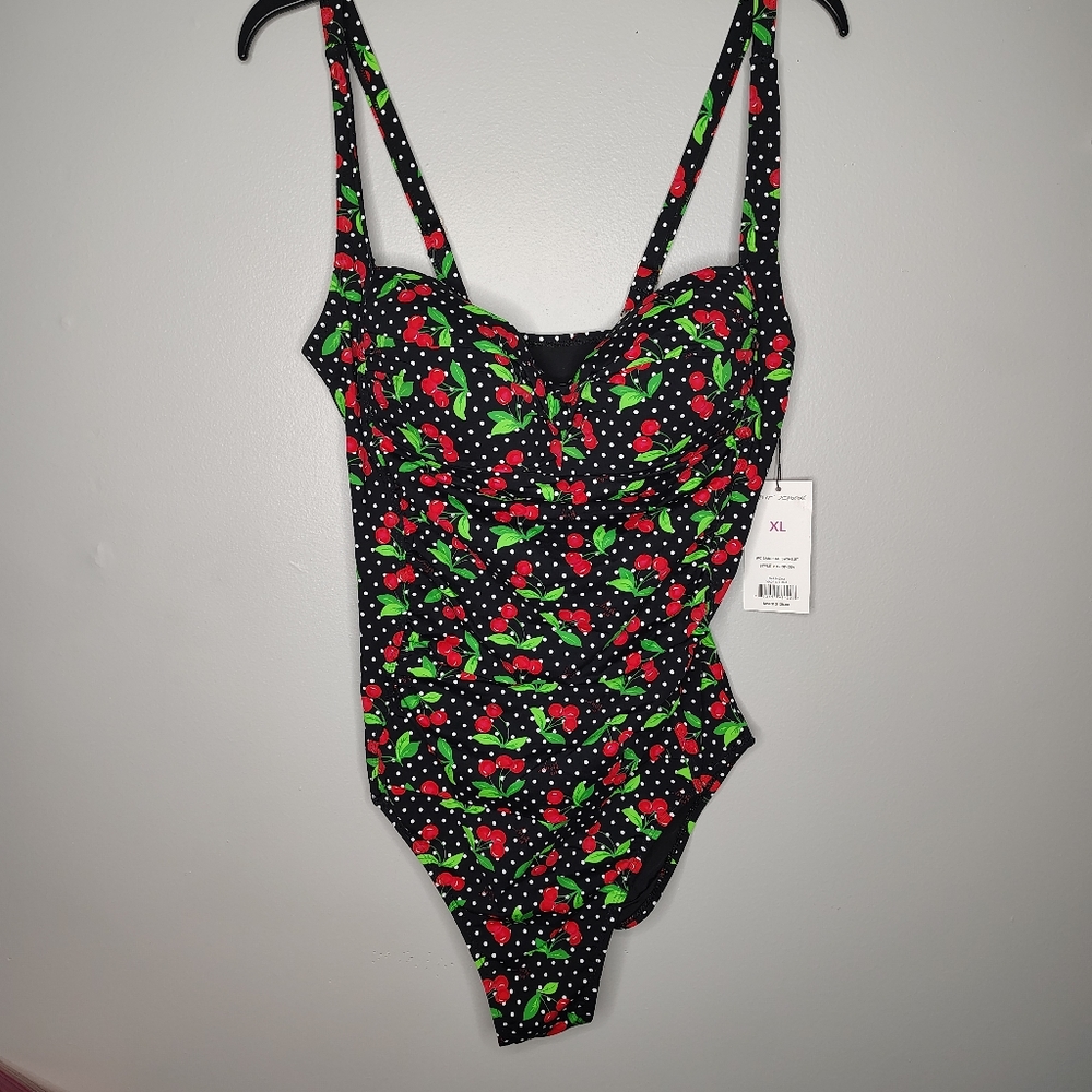 Betsy Johnson Black Sweetheart Cherry Ruched One-Piece Swimsuit Womens XL NWT